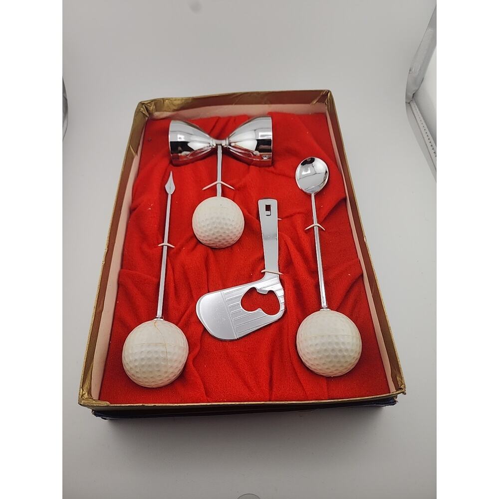 Authentic VTG Swank Par 4 Golf Themed Bar Tools Set-Unused Original Box Japan